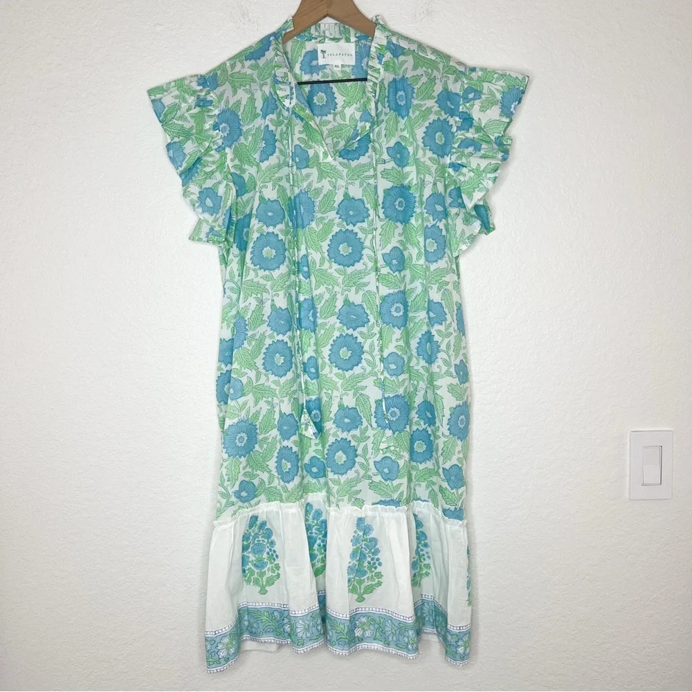 Isla Payal Blue Green Floral Dress Ruffle Flutter Sleeve Cotton size XL - Picture 2 of 6